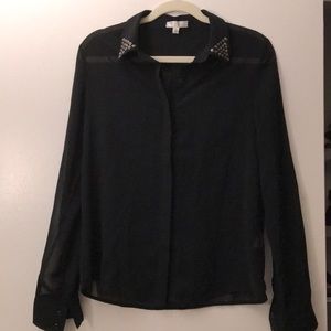 Sheer bouton down black blouse